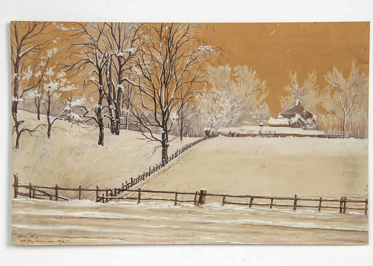 Gouache Painting on Paper of Wintry Landscape