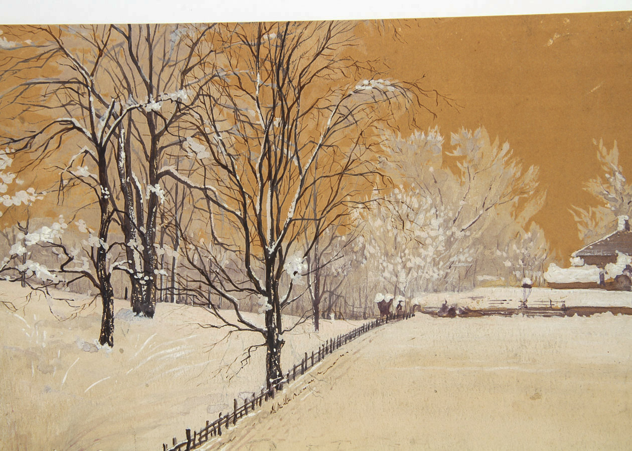 Gouache Painting on Paper of Wintry Landscape