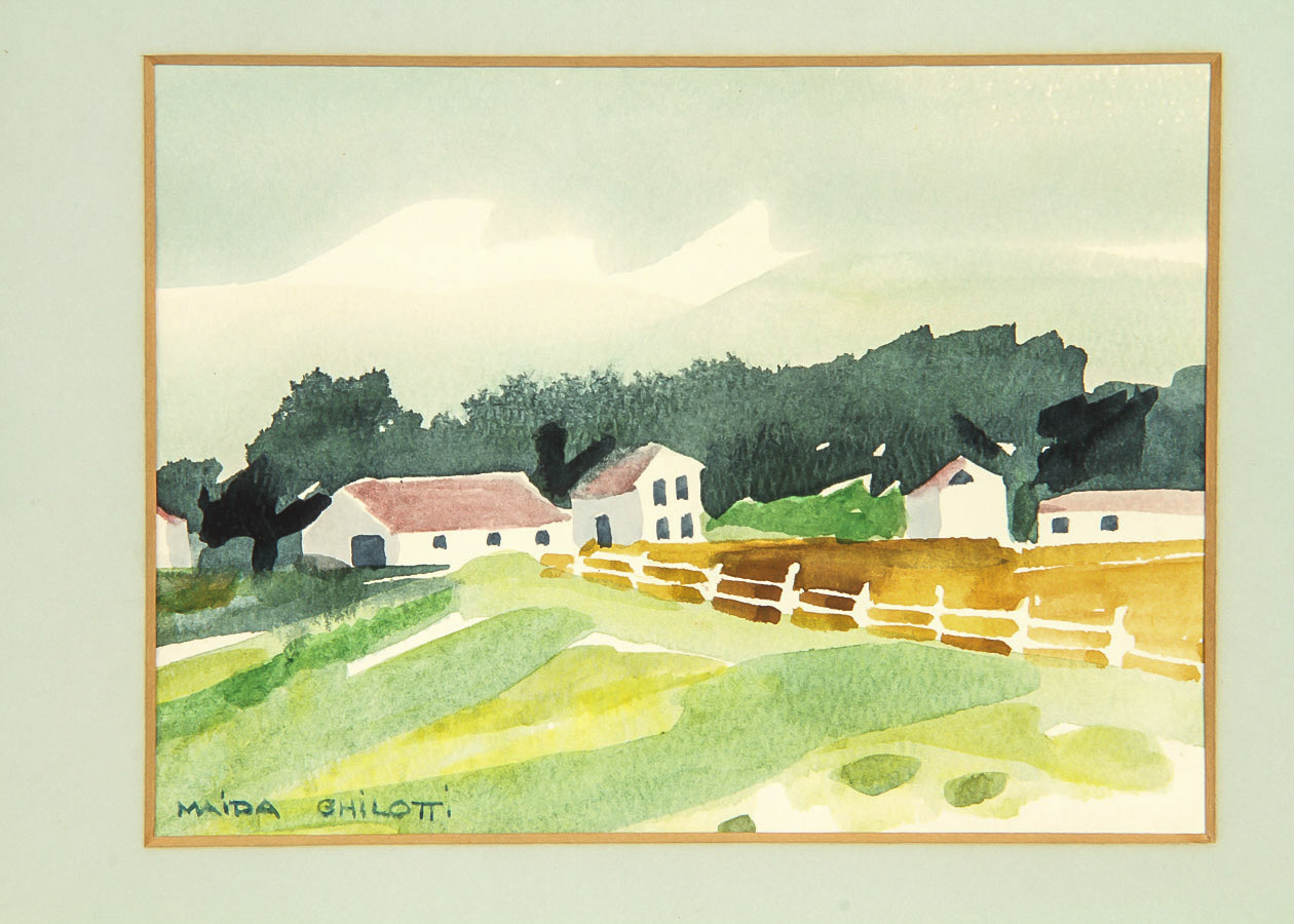 Maida Ghilotti Watercolor Painting on Paper "Farmhouses in Landscape"