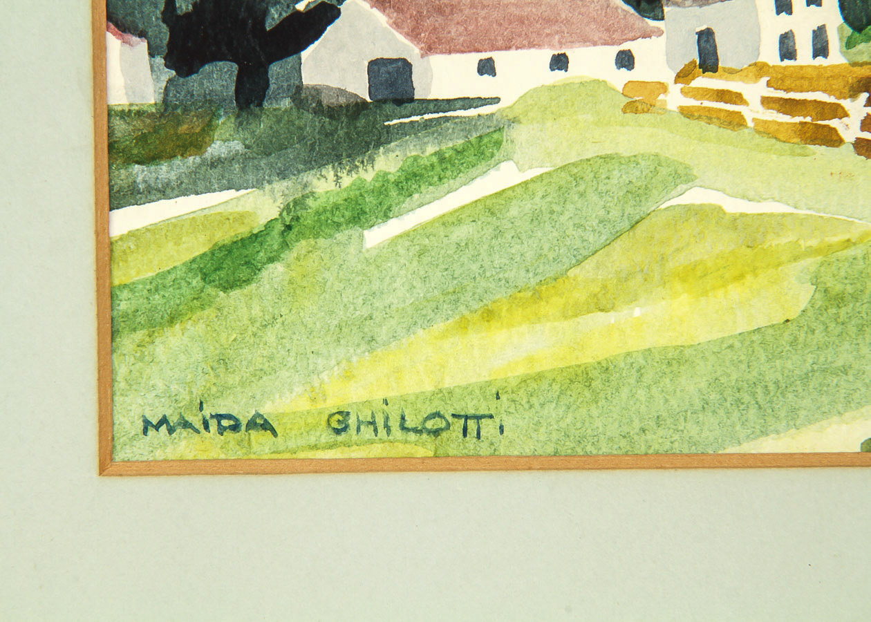 Maida Ghilotti Watercolor Painting on Paper "Farmhouses in Landscape"