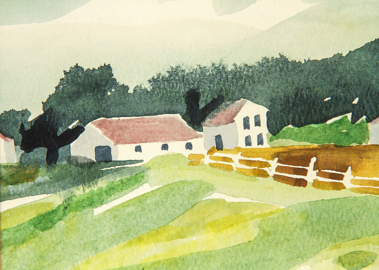 Maida Ghilotti Watercolor Painting on Paper "Farmhouses in Landscape"