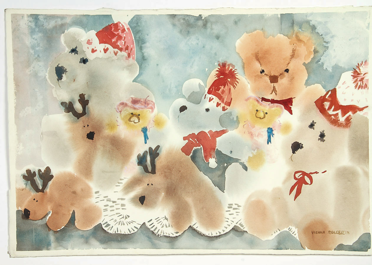 Vienna Colodzin Watercolor and Gouache Painting on Paper "Teddy Bear Symposium"
