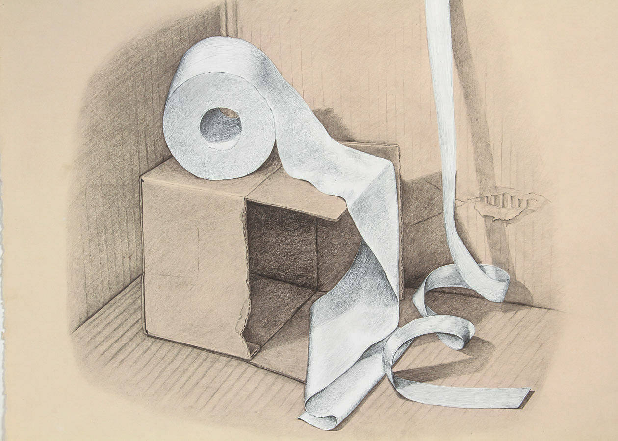 Graphite and Oil Pastel Drawing on Paper "Still Life: Paper and Cardboard"