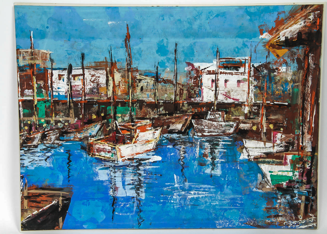 Christine Dickman Gouache Painting on Canvas Board "Boats in Harbor"