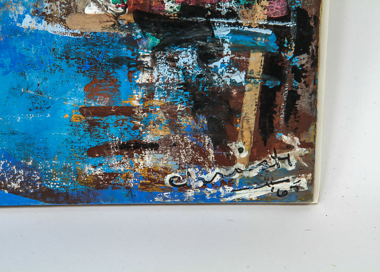 Christine Dickman Gouache Painting on Canvas Board "Boats in Harbor"