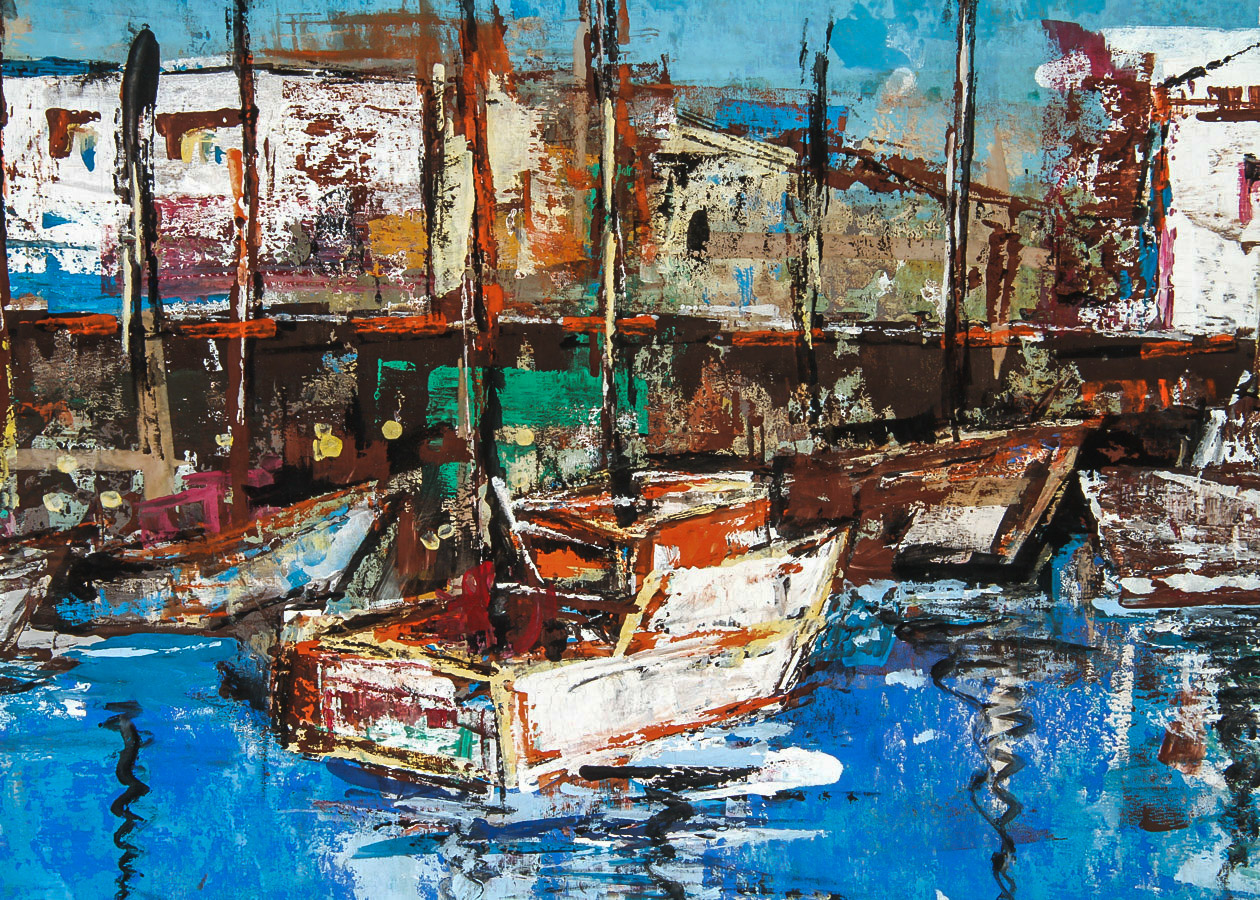 Christine Dickman Gouache Painting on Canvas Board "Boats in Harbor"