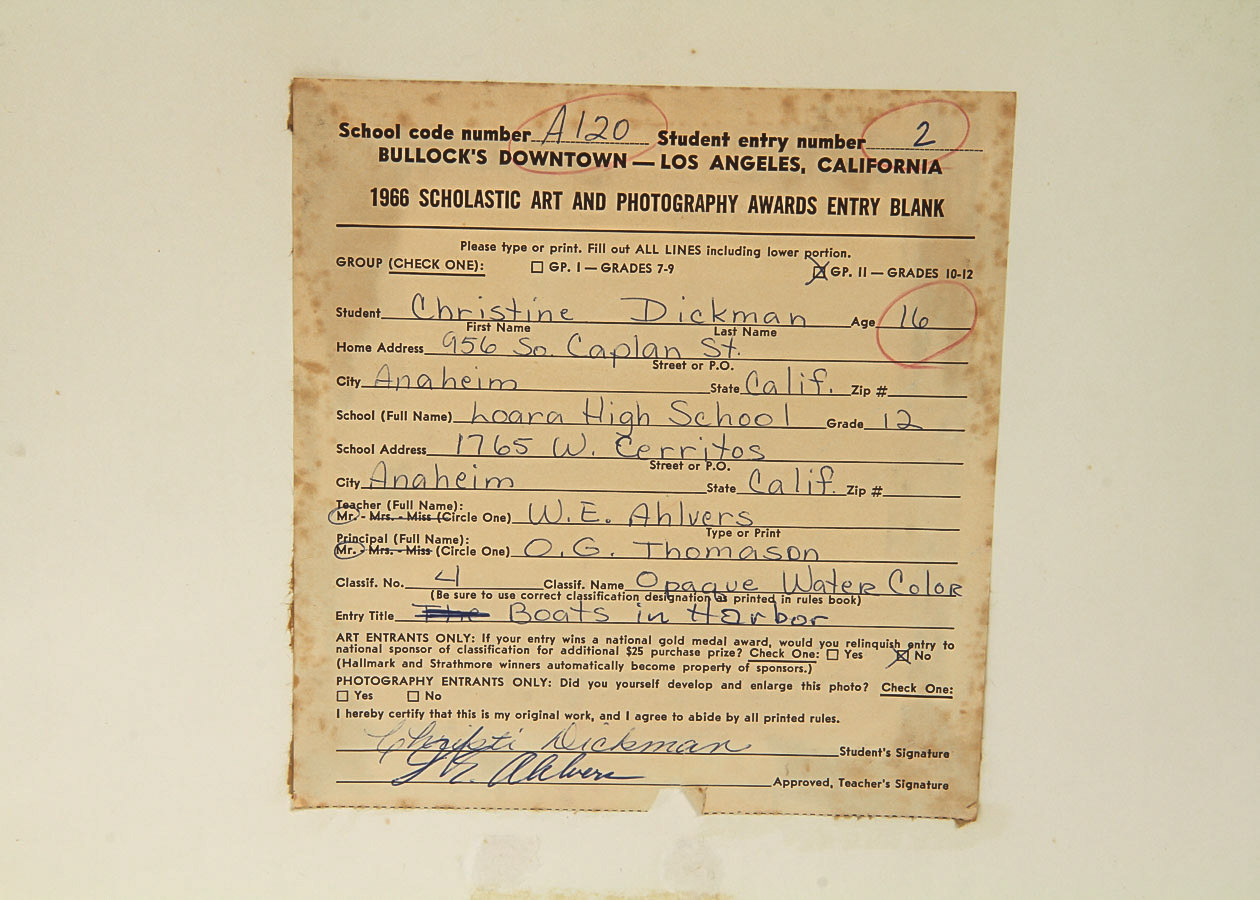 Christine Dickman Gouache Painting on Canvas Board "Boats in Harbor"