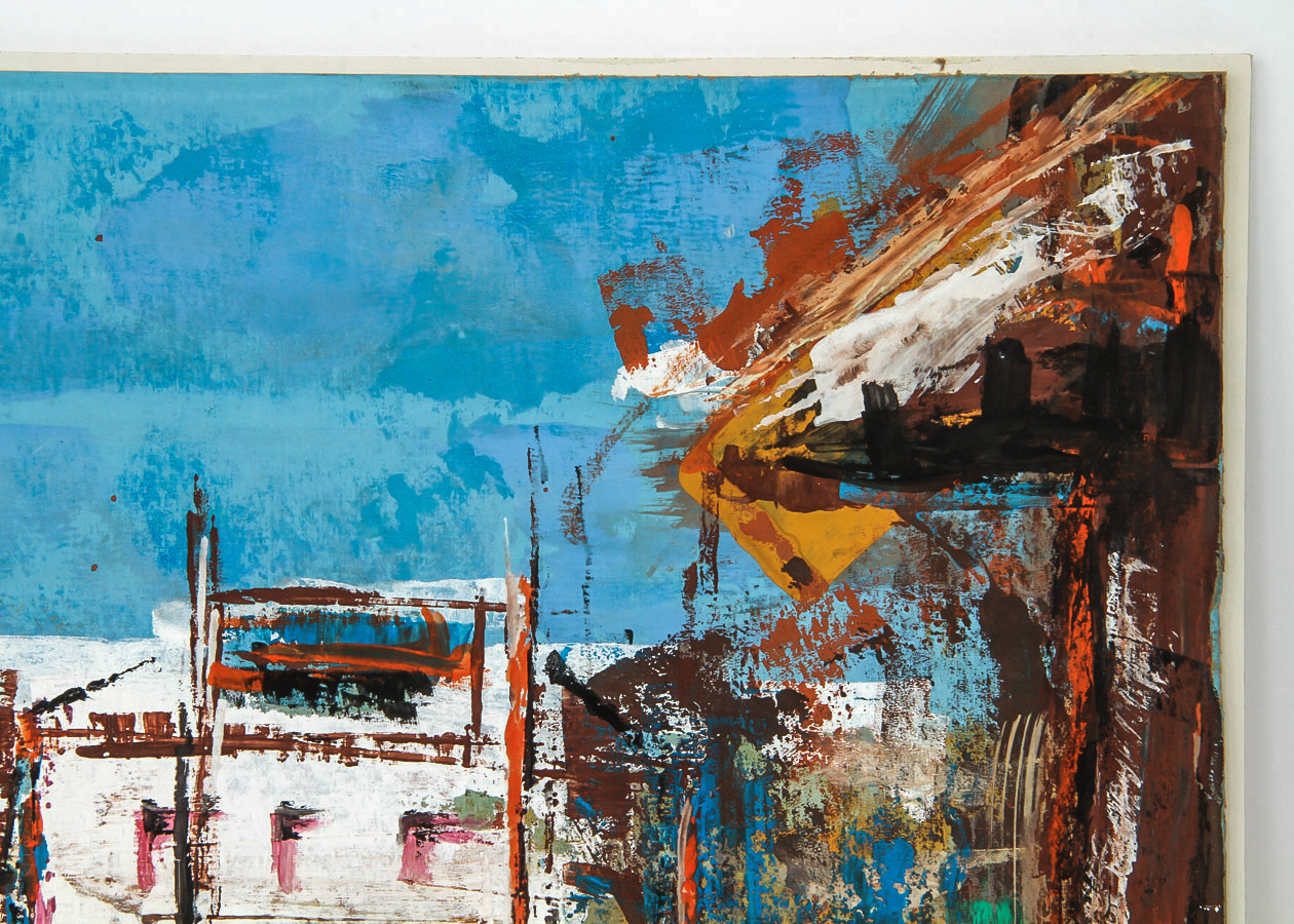 Christine Dickman Gouache Painting on Canvas Board "Boats in Harbor"