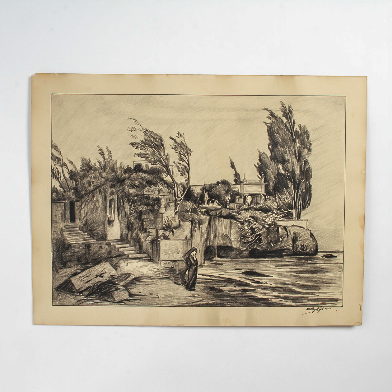 Mikel August de Lyon Charcoal Drawing on Paper "View of Capri"