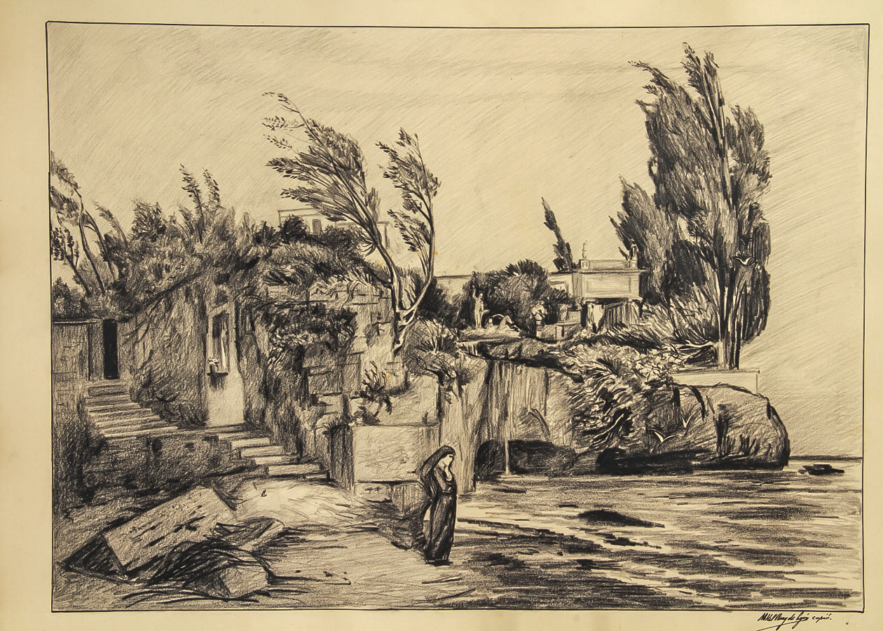 Mikel August de Lyon Charcoal Drawing on Paper "View of Capri"