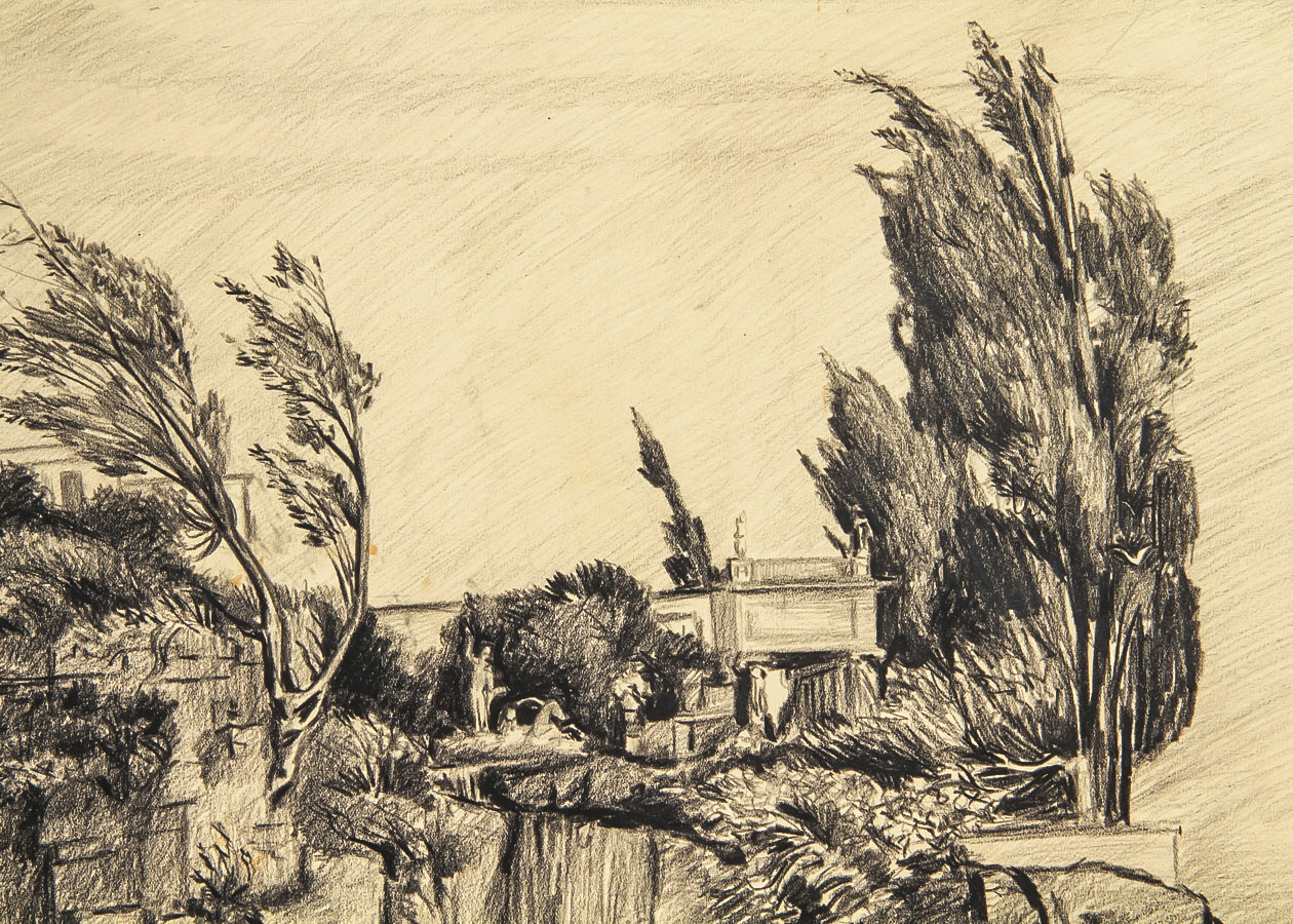 Mikel August de Lyon Charcoal Drawing on Paper "View of Capri"