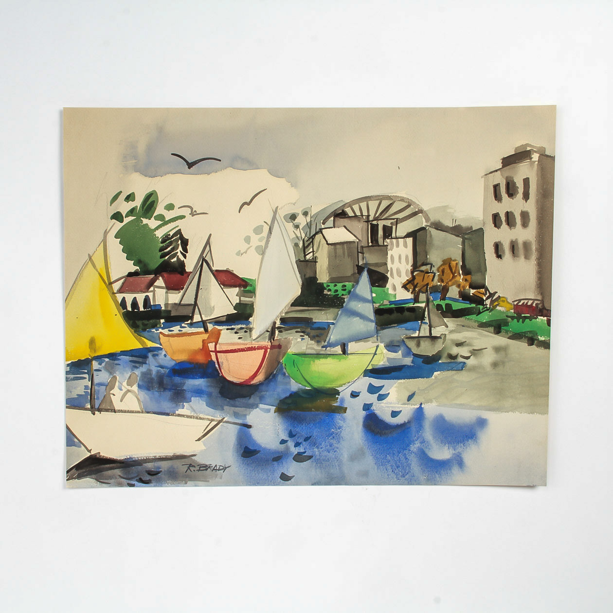 Ruth Brady Watercolor and Gouache Painting on Paper "Harbor Scene"