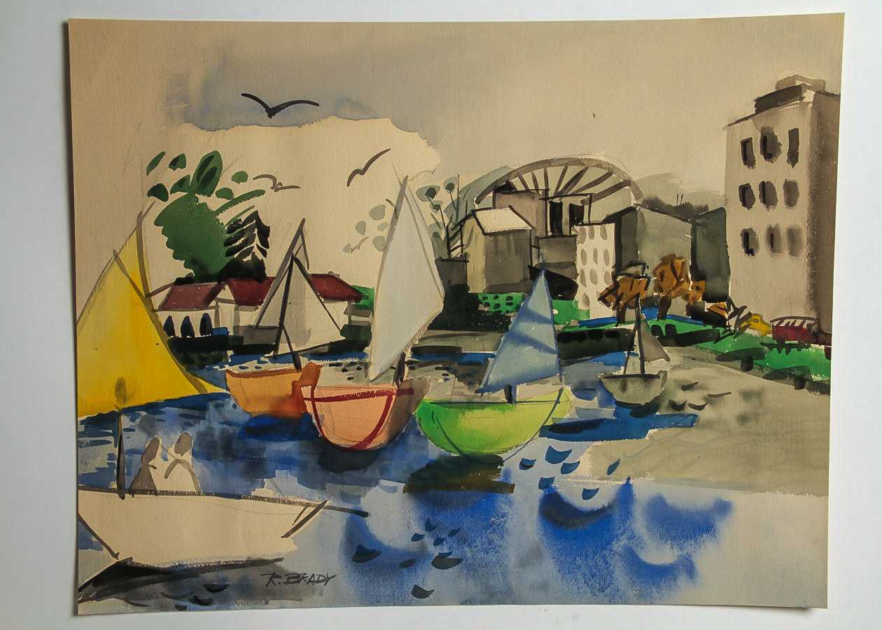 Ruth Brady Watercolor and Gouache Painting on Paper "Harbor Scene"