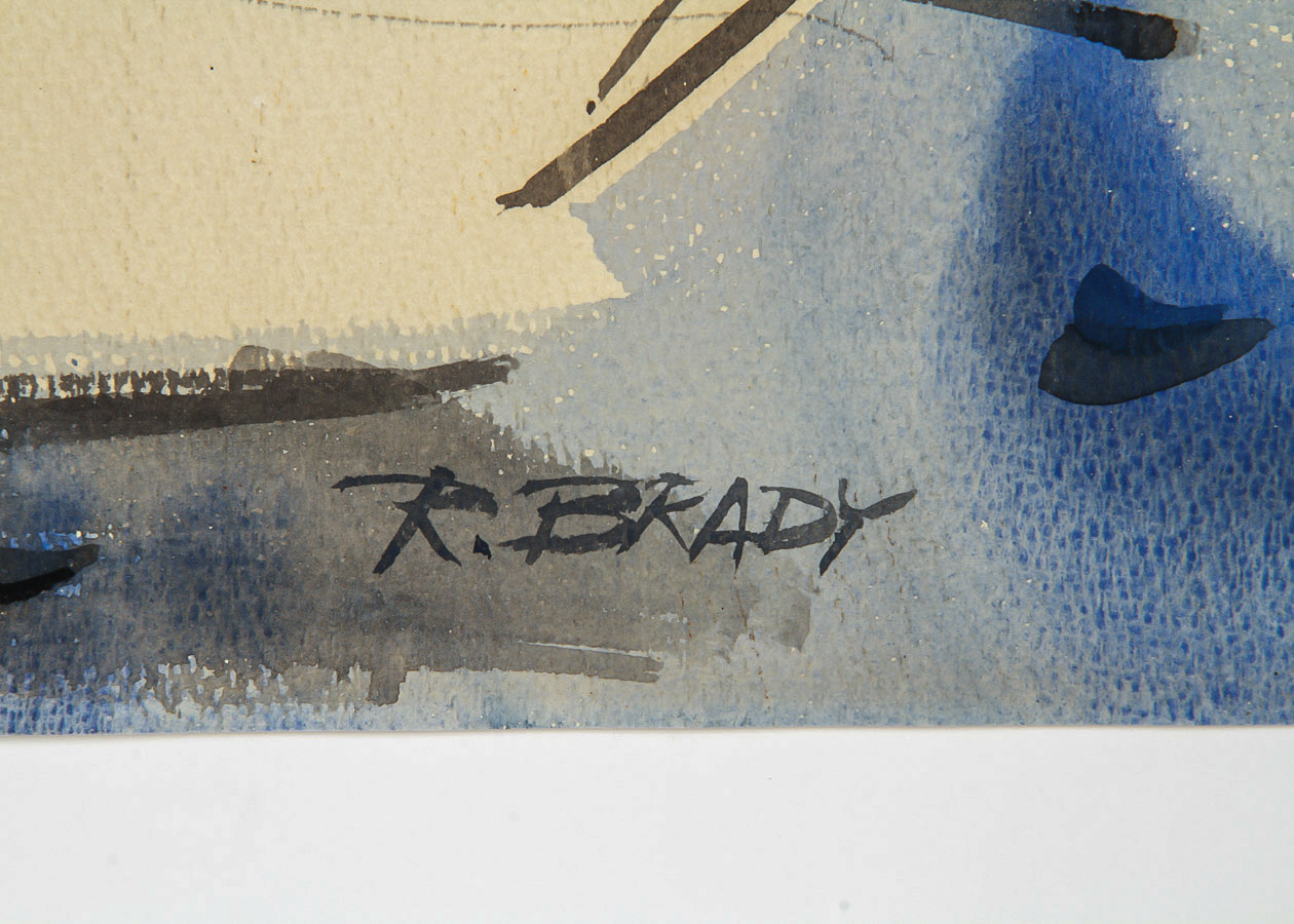 Ruth Brady Watercolor and Gouache Painting on Paper "Harbor Scene"