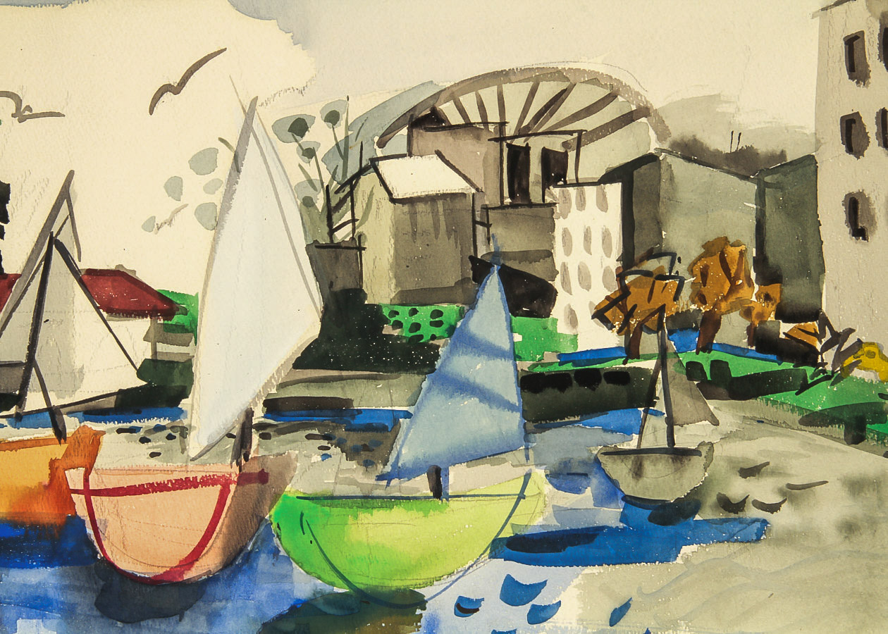 Ruth Brady Watercolor and Gouache Painting on Paper "Harbor Scene"