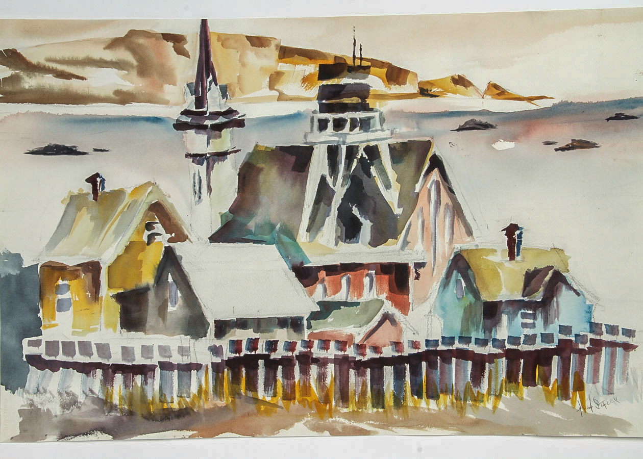 Hugh Staley Watercolor Painting on Paper "Harbor Scene with Old Wharf"