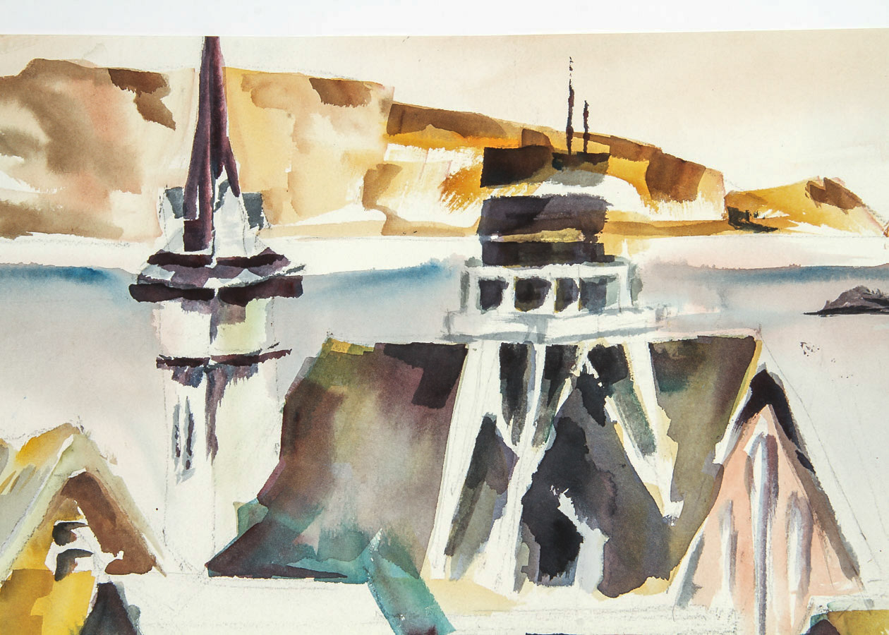 Hugh Staley Watercolor Painting on Paper "Harbor Scene with Old Wharf"