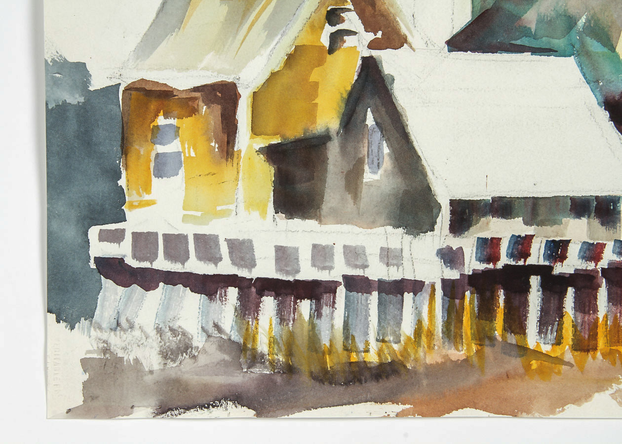 Hugh Staley Watercolor Painting on Paper "Harbor Scene with Old Wharf"