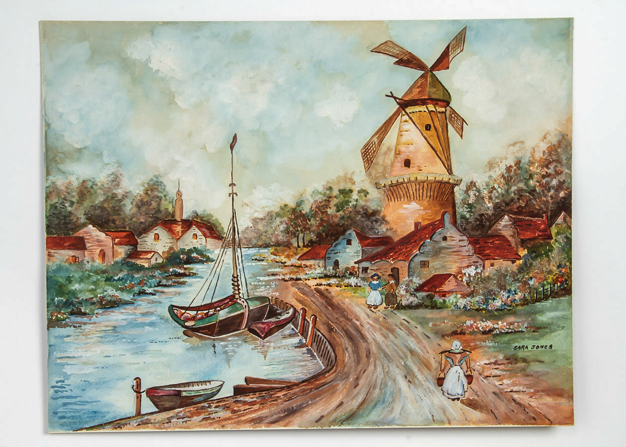 Sara Jones Watercolor and Gouache Painting on Paperboard "Dutch Canal Scene"