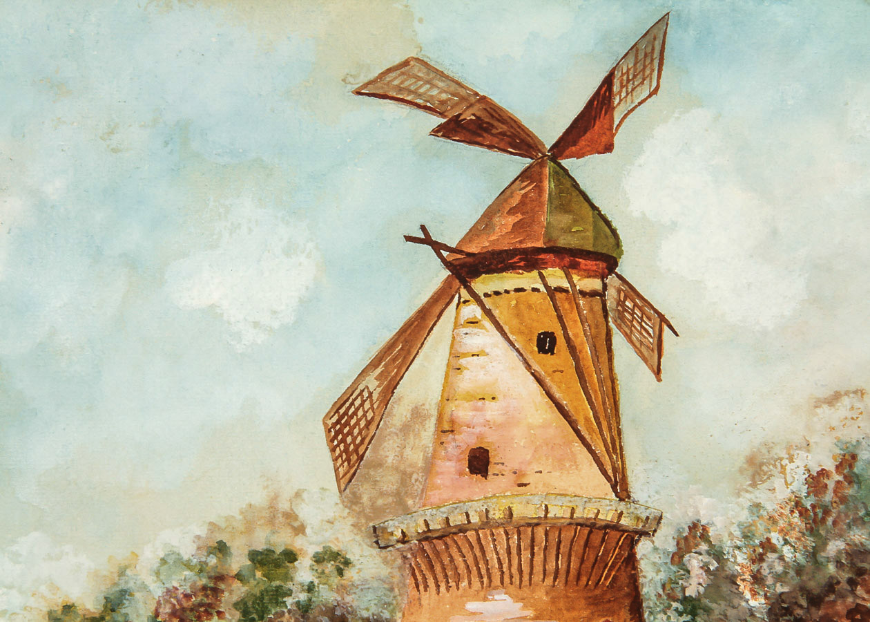 Sara Jones Watercolor and Gouache Painting on Paperboard "Dutch Canal Scene"