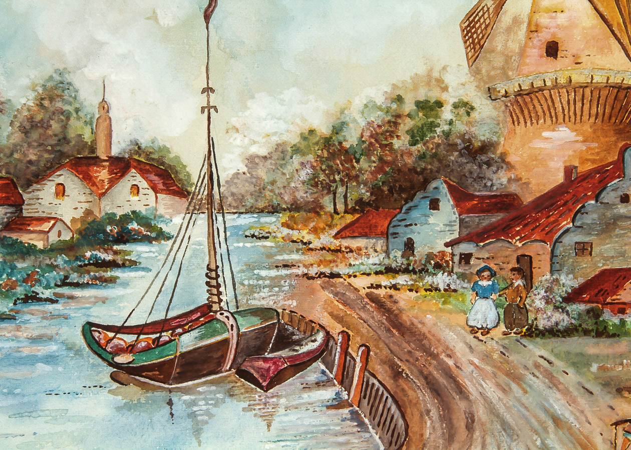Sara Jones Watercolor and Gouache Painting on Paperboard "Dutch Canal Scene"