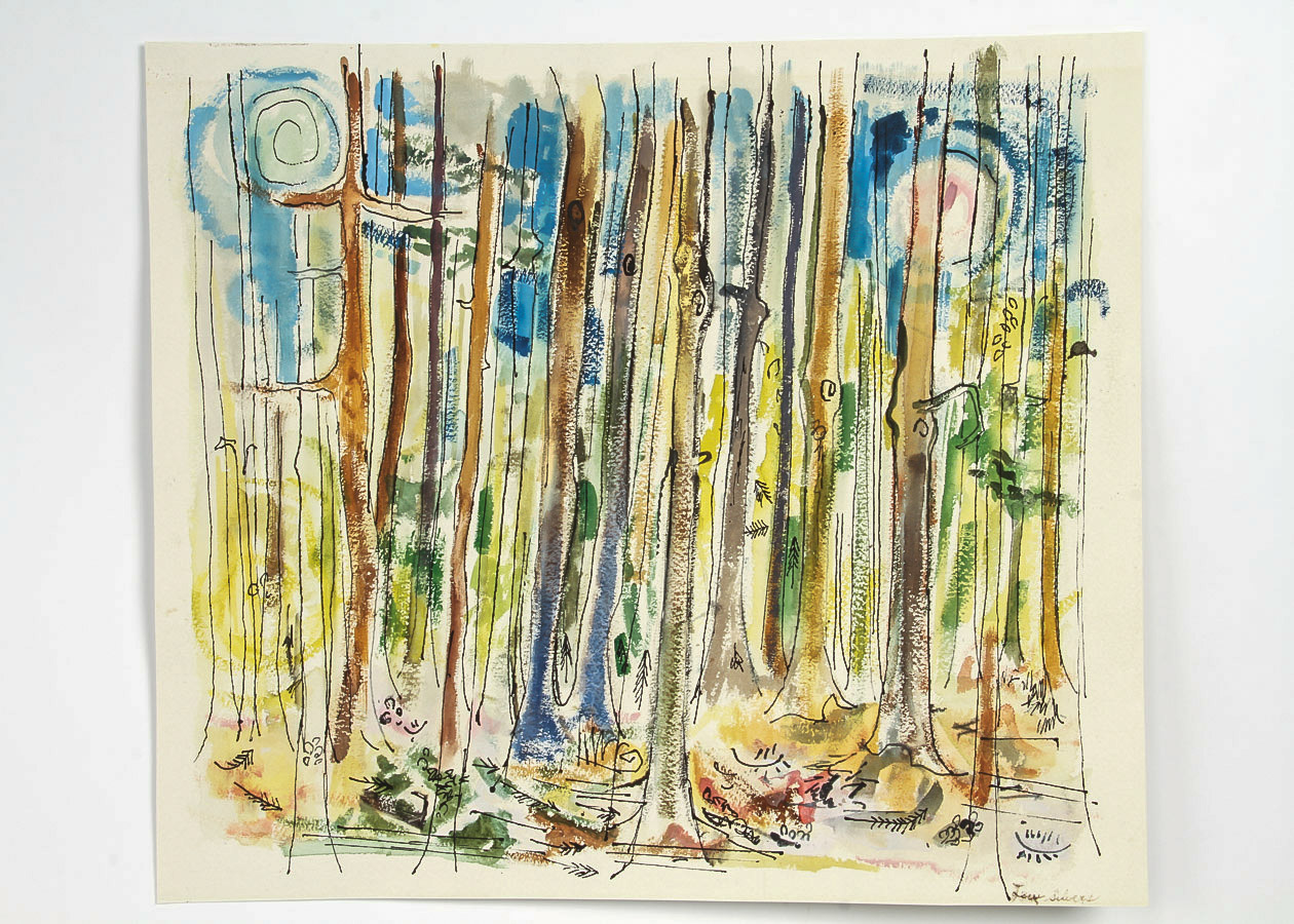 Lew Silvers Mixed Media on Paper "Sunlit Woodland Scene"
