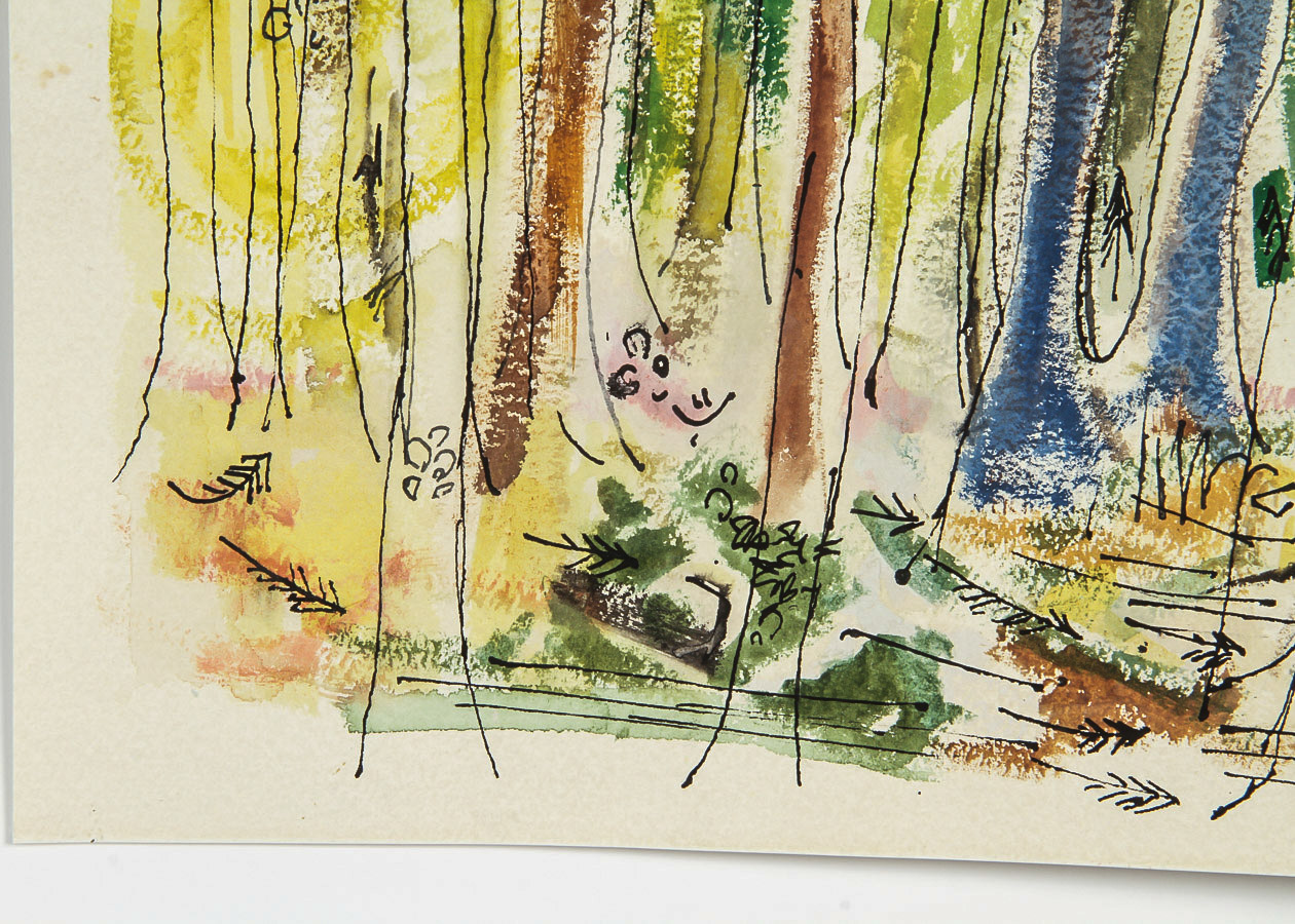 Lew Silvers Mixed Media on Paper "Sunlit Woodland Scene"