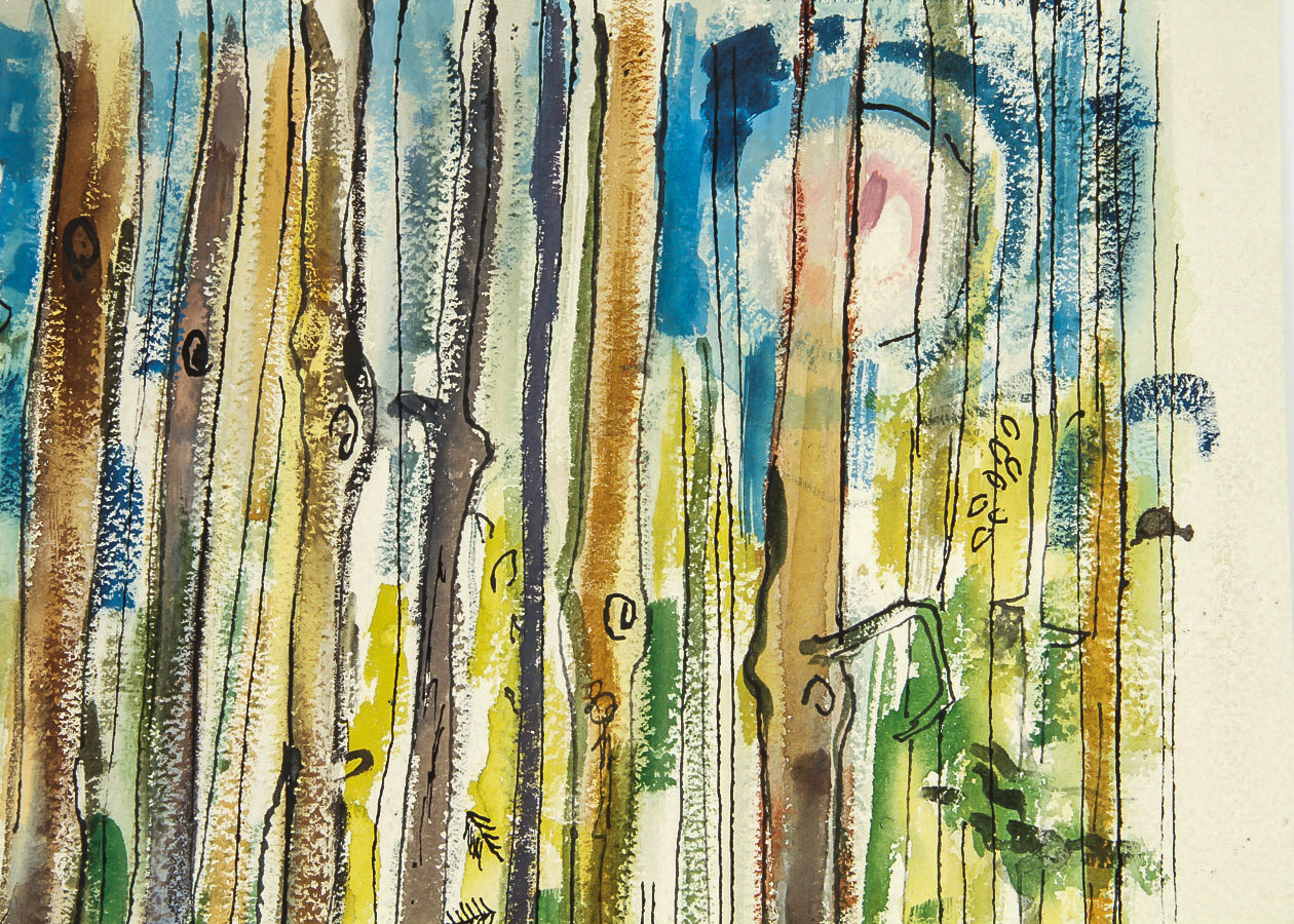 Lew Silvers Mixed Media on Paper "Sunlit Woodland Scene"
