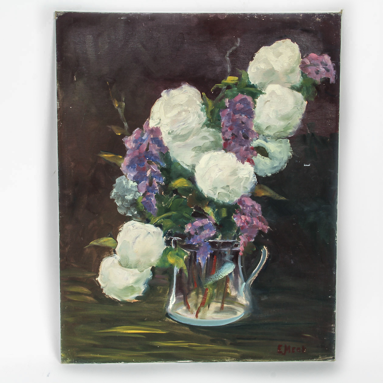 Evelyn Mack Oil Painting on Canvas Board "Still Life in Purple and Ivory"