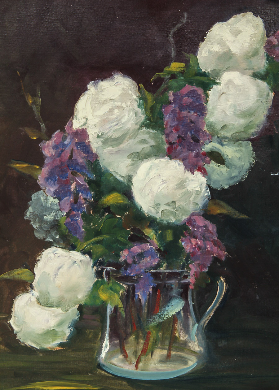 Evelyn Mack Oil Painting on Canvas Board "Still Life in Purple and Ivory"