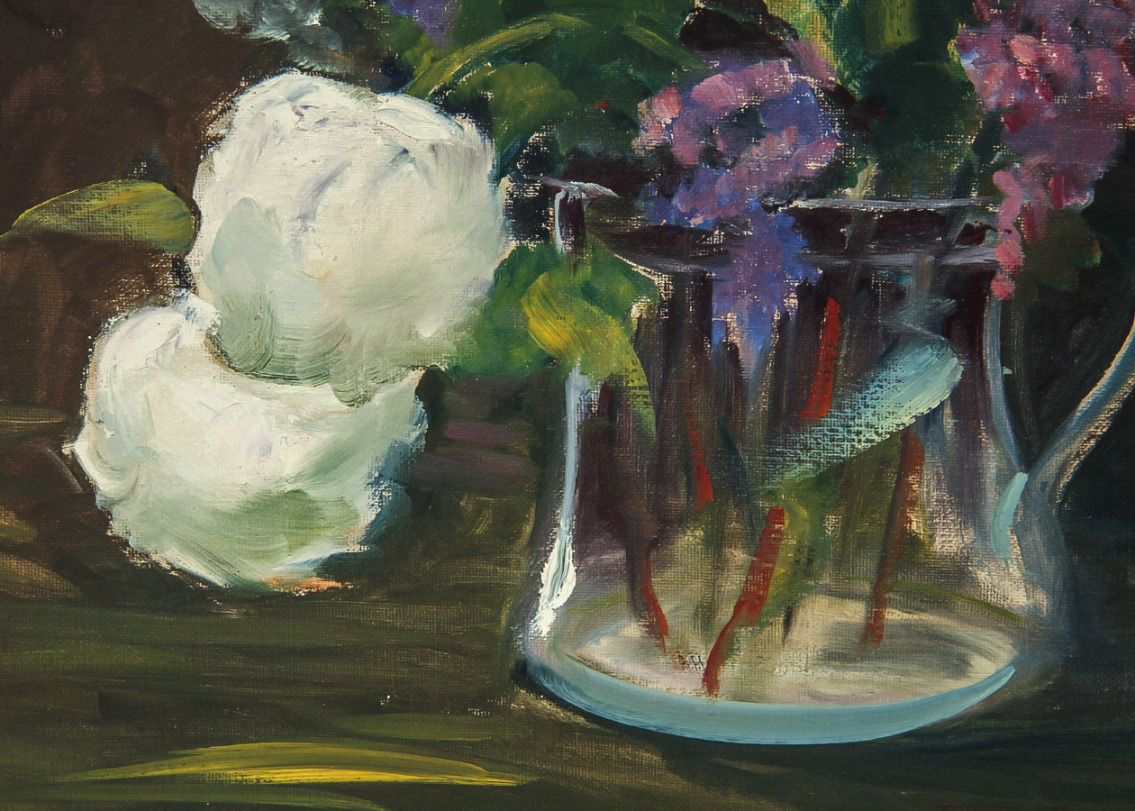 Evelyn Mack Oil Painting on Canvas Board "Still Life in Purple and Ivory"