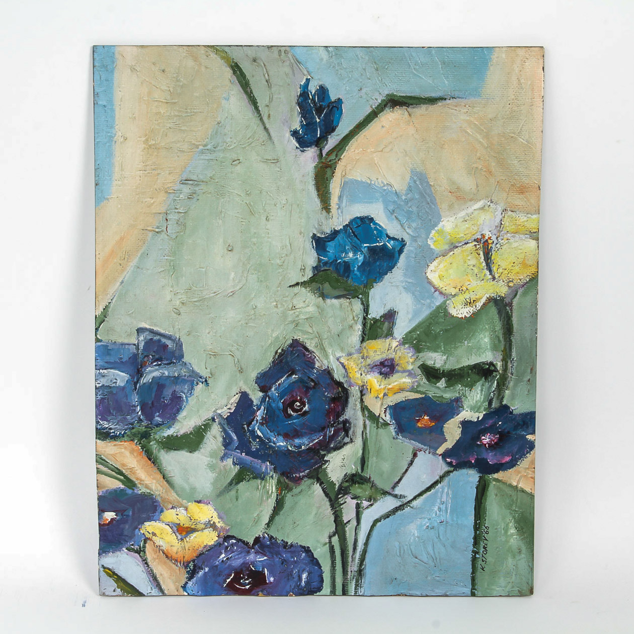 K. Storey Oil Painting on Board "Modernist Floral Still Life"