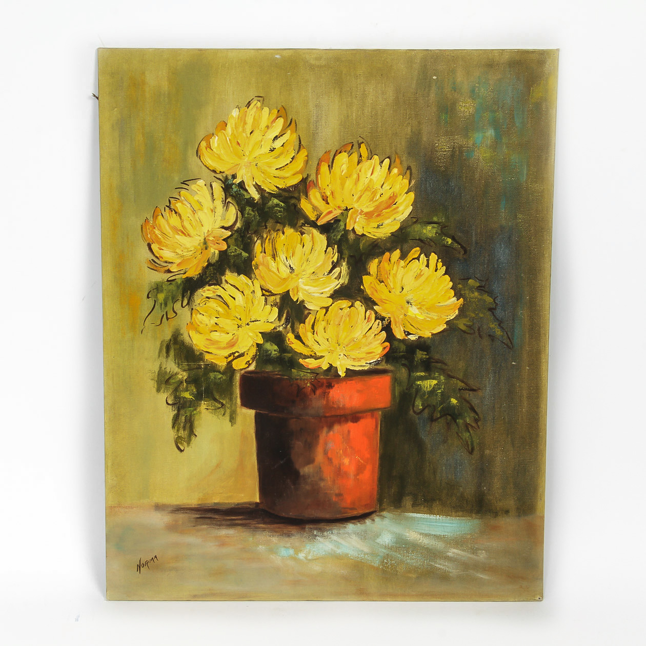 Signed Mixed Media on Canvas Board "Chrysanthemums in a Clay Pot"