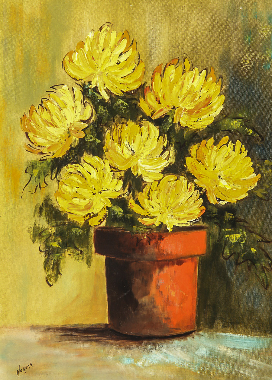Signed Mixed Media on Canvas Board "Chrysanthemums in a Clay Pot"