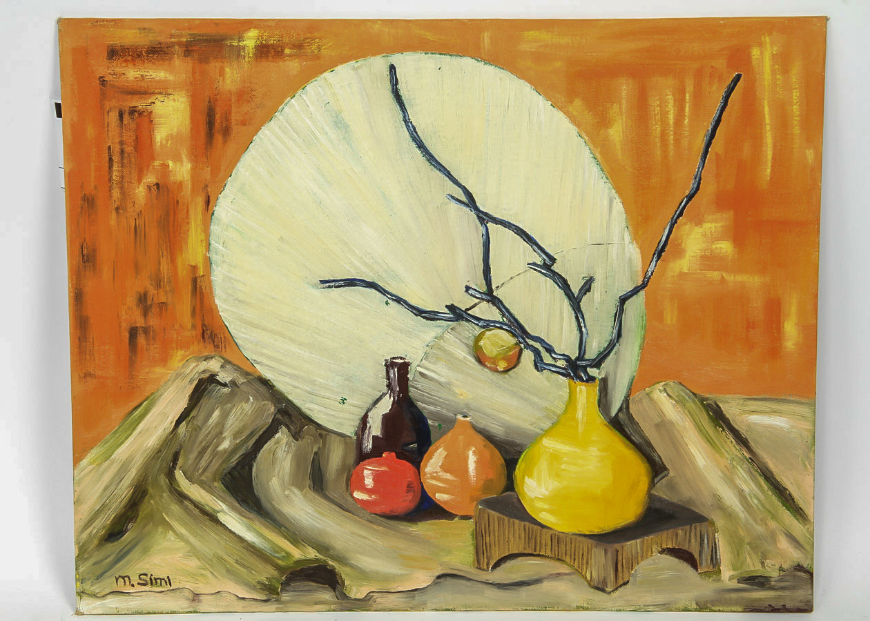 Signed Oil Painting on Canvas Board "Still Life with Fan"