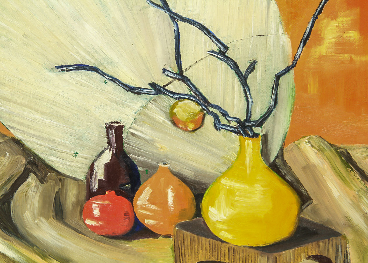 Signed Oil Painting on Canvas Board "Still Life with Fan"