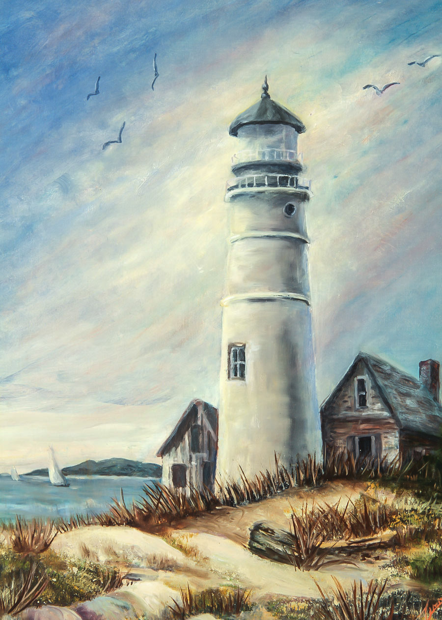 Signed Oil Painting on Board "Coastal Scene with Lighthouse"