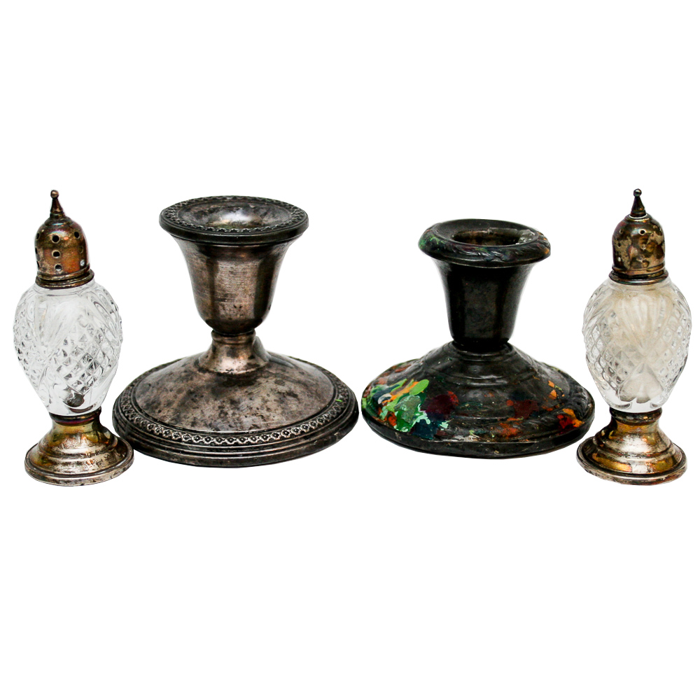 Rogers and Sheffield Weighted Sterling Candlesticks and Shakers