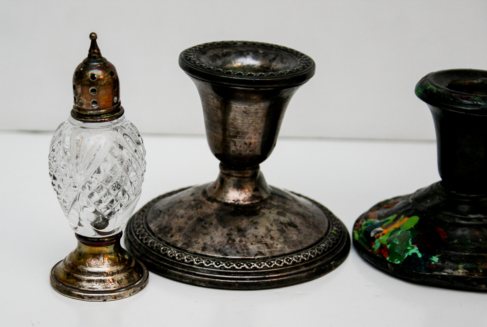 Rogers and Sheffield Weighted Sterling Candlesticks and Shakers