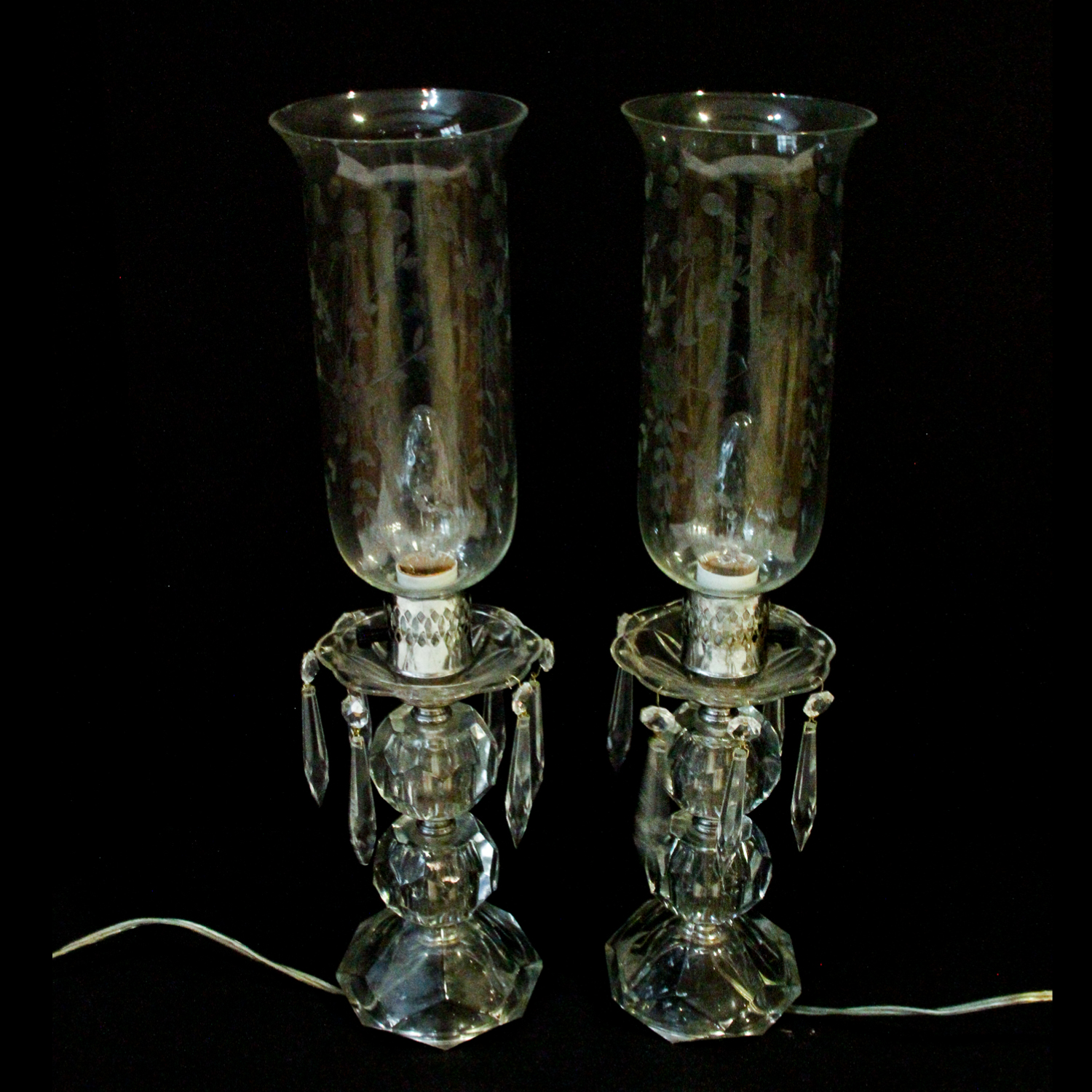 Pair of Vintage Crystal and Glass Table Lamps