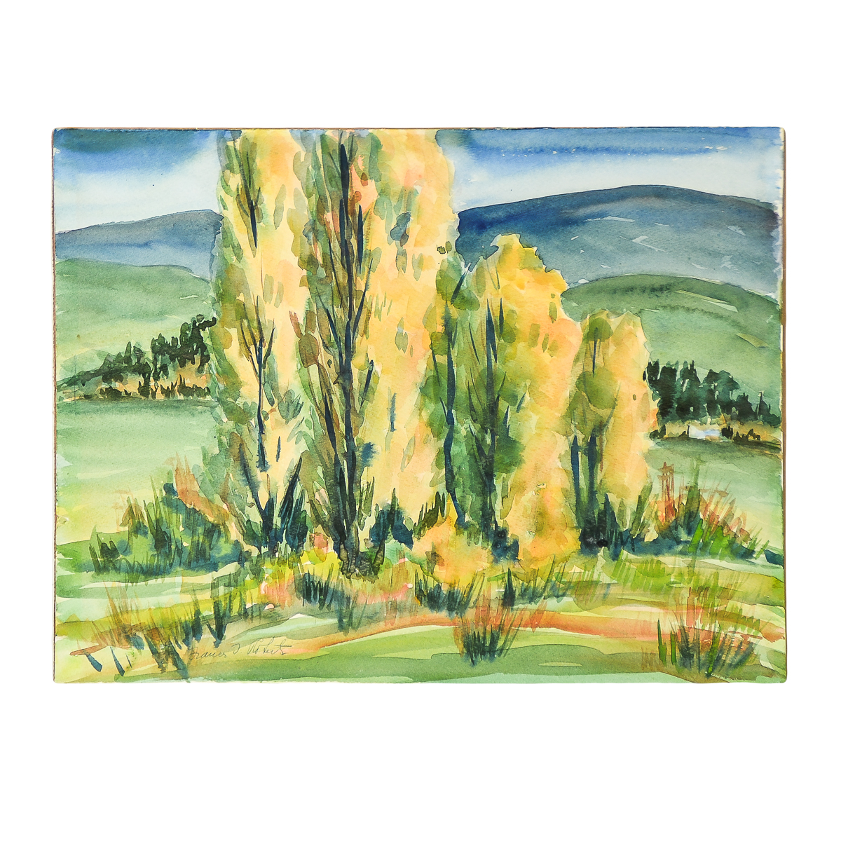 Frances J. Roberts Watercolor Painting on Paper "Poplar Trees-Scotts Valley"