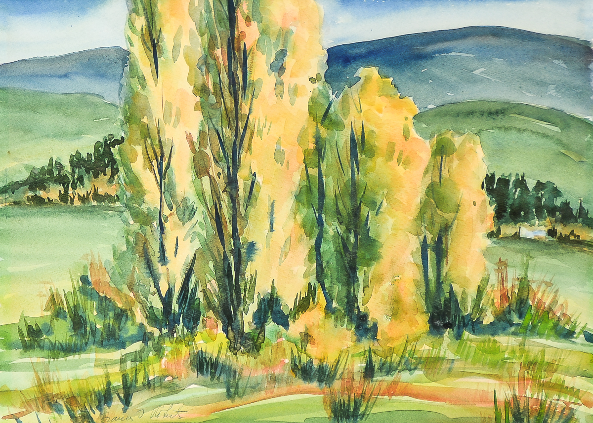 Frances J. Roberts Watercolor Painting on Paper "Poplar Trees-Scotts Valley"