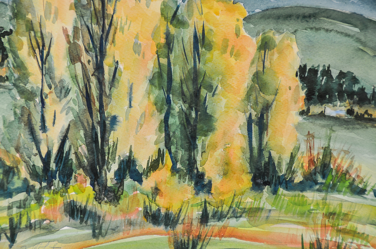 Frances J. Roberts Watercolor Painting on Paper "Poplar Trees-Scotts Valley"