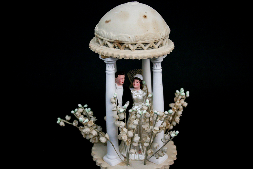Circa 1960s Wedding Cake Topper and Champagne Glasses