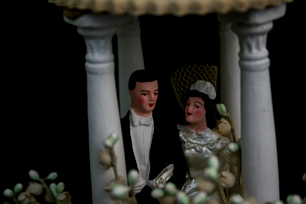 Circa 1960s Wedding Cake Topper and Champagne Glasses
