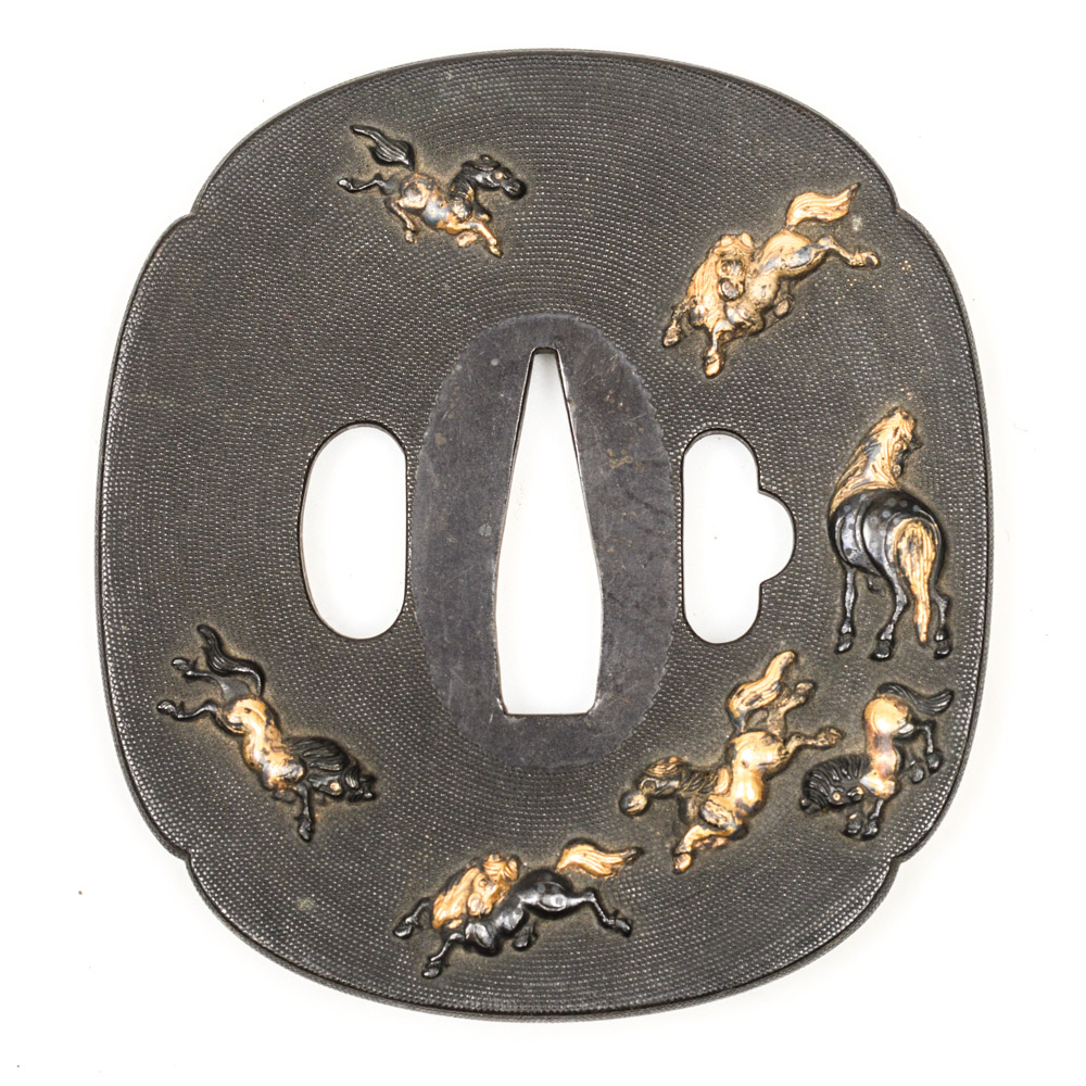 Antique Japanese Tsuba Sword Guard with Horses