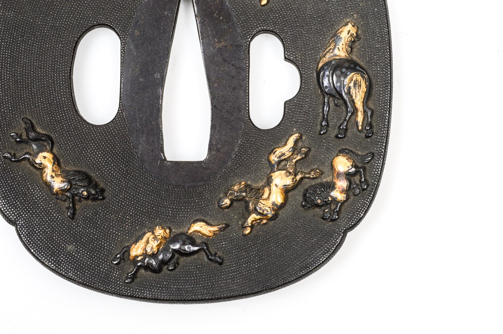 Antique Japanese Tsuba Sword Guard with Horses
