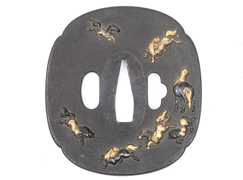 Antique Japanese Tsuba Sword Guard with Horses