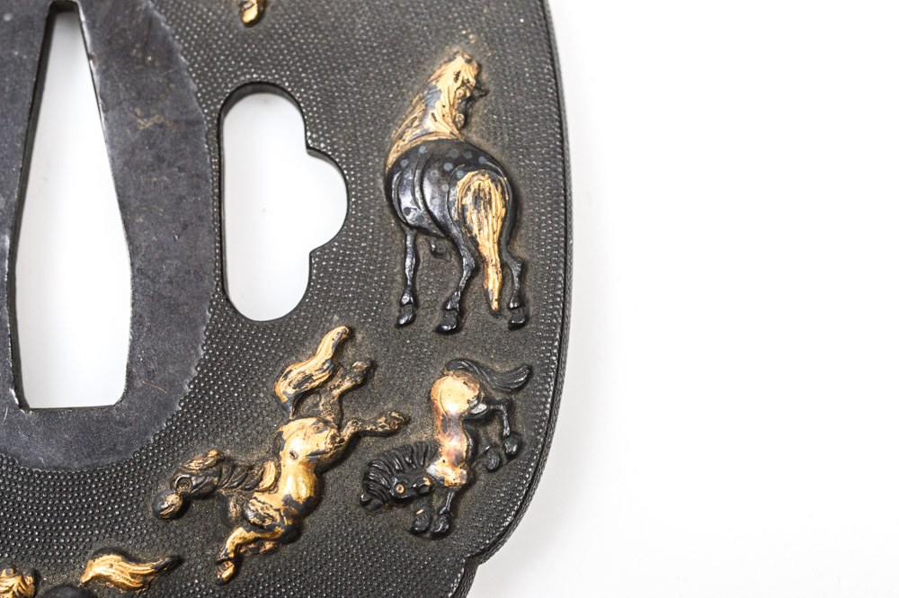 Antique Japanese Tsuba Sword Guard with Horses