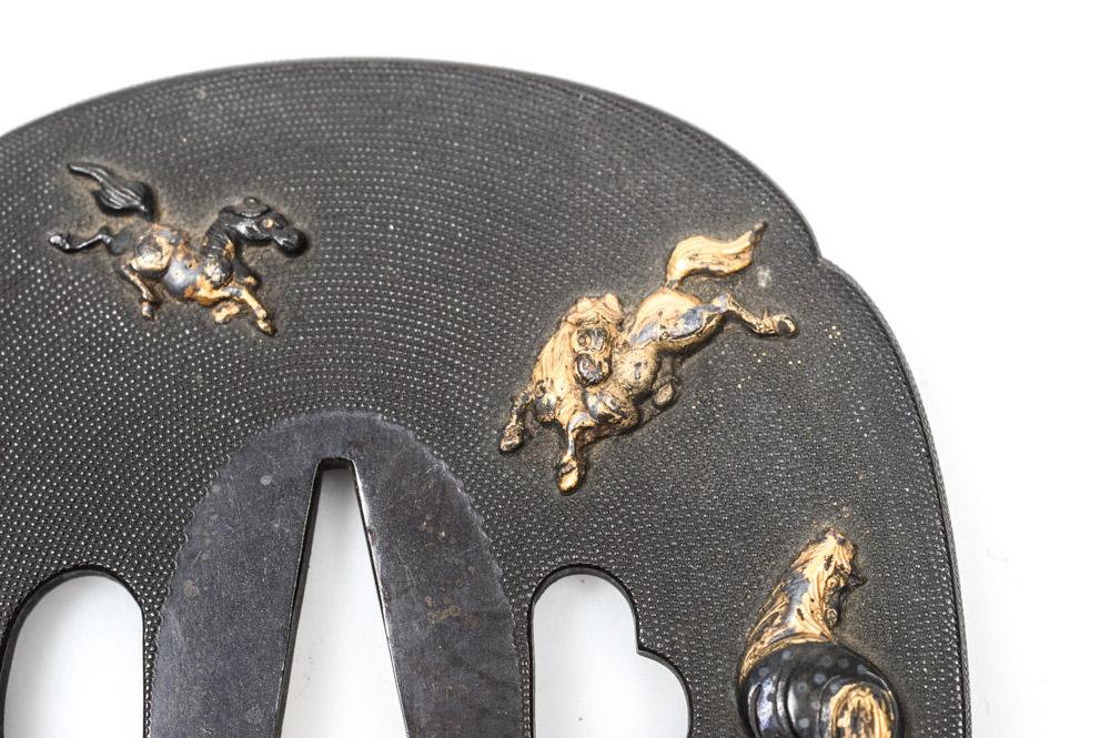 Antique Japanese Tsuba Sword Guard with Horses